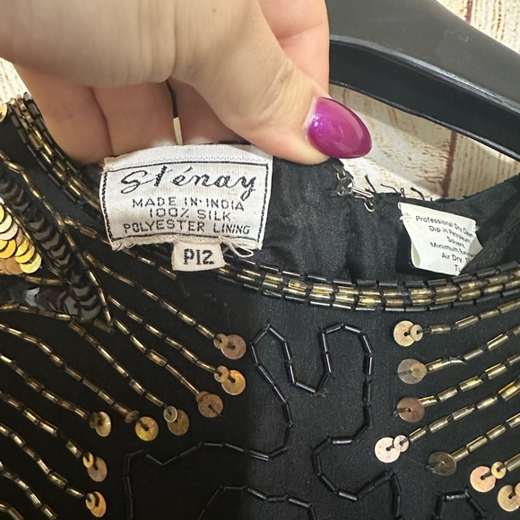 Vintage 100% Silk Sequin Beaded Gold Black 12p Midi Dress - Picture 4 of 12